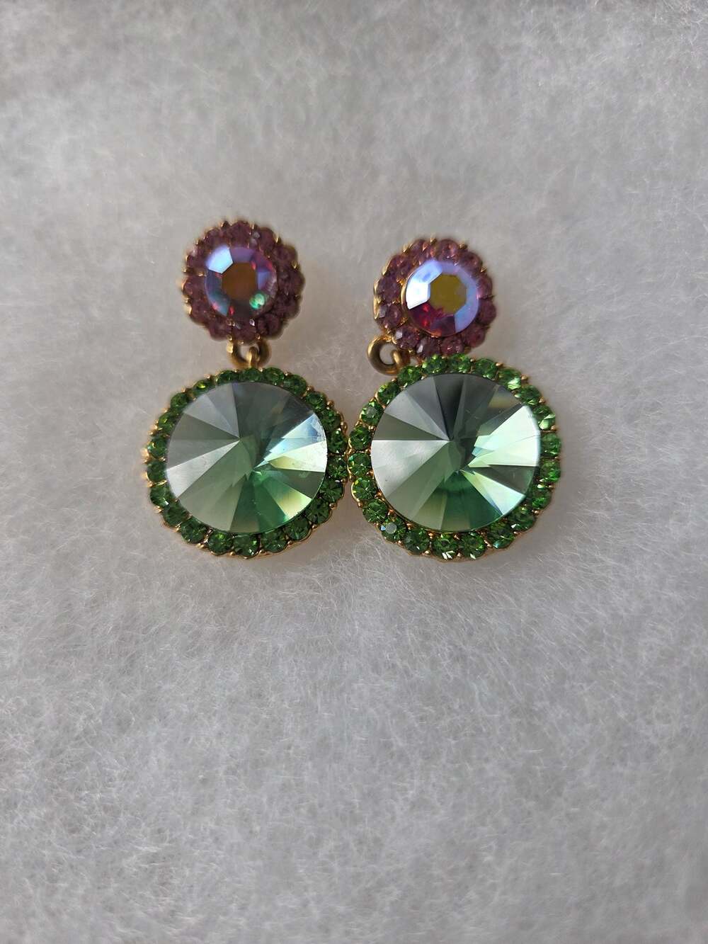 Vintage Cache' Swarovski crystal earrings. 
Green and pink crystal on gold post.